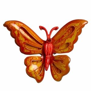 Vintage 3D Orange and Yellow Enamel Metal Butterfly Brooch Pin